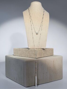 Silver Tone Layered Y Necklace Crystal Pave Ball Bar Pendant